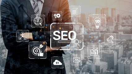 SEO concept for improving SEO visibility, with SEO related digital tools and SEO performance icons shown in an focused layout for strategic marketing. Muxer