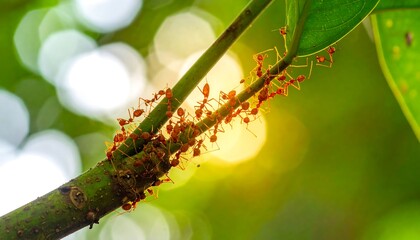 A cluster of red ants crawling on a green branch with leaves, bathed in sunlight
