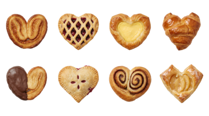 Heart shaped pastry set including palmier, fruit lattice pie, custard danish, croissant, chocolate dipped, and cinnamon roll variants. Sweet bakery and dessert collection.