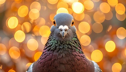 Striking pigeon portrait with iridescent feathers and orange eyes against a warm golden bokeh background.