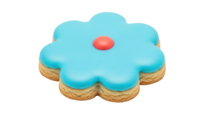 Flower-shaped cookie with blue icing and red center isolated PNG, sweet treat for birthdays and celebrations on transparent background