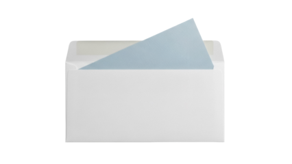 Open white envelope with light blue paper isolated PNG, stationery for sending letters and documents on transparent background