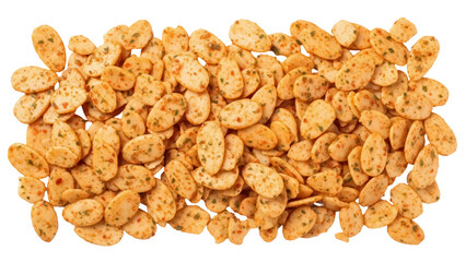 Spicy rice crackers isolated on transparent background, crunchy Asian snack with chili and seaweed...