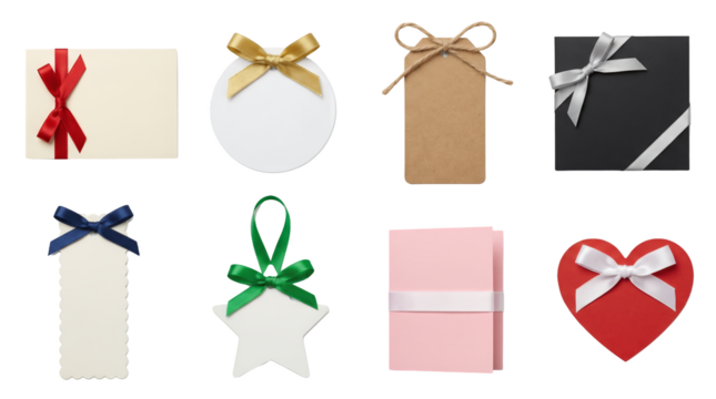 Gift tag and card set including heart, star, round, and rectangular shapes with ribbon bows isolated. Stationery and present decoration collection. - Powered by Adobe