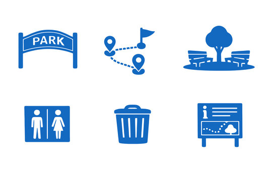 Outdoor recreation facility icons set featuring park access, paths and service areas. Clean monocromatic flat vector icons with minimal design for digital platforms and interfaces.