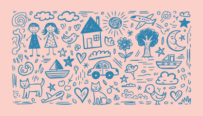 Hand drawn childlike doodle illustration with playful kids, animals, home, transport and nature elements