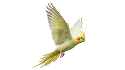 Beautiful cockatiel flying isolated PNG on transparent background, yellow and gray parrot with orange cheek patch, exotic pet bird for design © Miguel