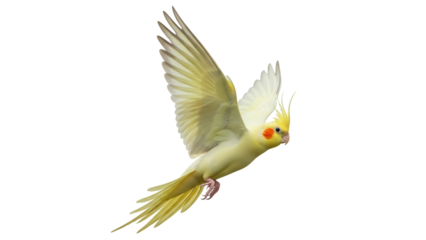 Beautiful cockatiel flying isolated PNG on transparent background, yellow and gray parrot with orange cheek patch, exotic pet bird for design