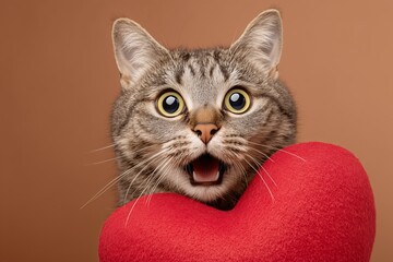 Surprised cat holding a red heart pillow on a brown background.