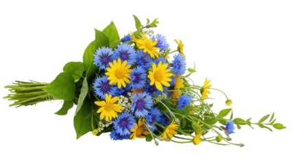 Cheerful bouquet of yellow daisies and blue cornflowers isolated PNG, summer wildflower bunch on transparent background for graphic design