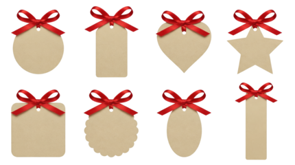 Craft paper gift tag set including circle, rectangle, heart, star, square, scallop, and oval shapes with red satin ribbons isolated. Blank labels for holiday packaging and presents.