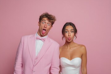 Playful couple posing in pink outfits on a pink background.