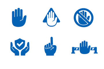 Obraz premium Hand safety icon set with stop, warning and protective control gestures. Monocromatic flat vector icons with simple shapes for apps, UI dashboards and safety interfaces.