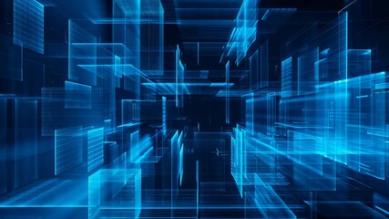 Futuristic digital tunnel with glowing blue lines and geometric shapes. Represents advanced technology, data flow, and virtual reality environments - Powered by Adobe