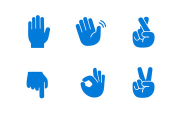 Obraz premium Hand signal icon set with universal gestures for communication and interaction. Monocromatic flat vector icons with simple shapes for apps, UI dashboards and websites.
