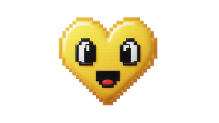 Pixel art yellow heart emoji PNG isolated on transparent background, cute cartoon face with happy expression for social media and design