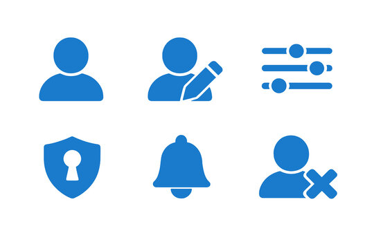 Basic account management icons set featuring profile editing, preferences and privacy control. Clean monocromatic vector symbols for apps, websites and digital platforms.