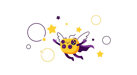 Gaming controller character with wings and cape amidst sparkling stars and circular accents