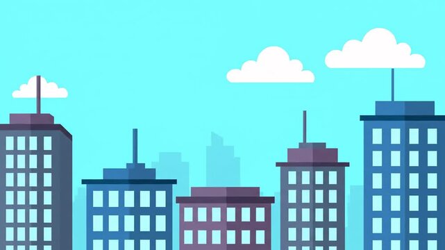 Professional minimalist flat animation of a modern city skyline with blue skyscrapers and white clouds floating across a clear bright sky. Ideal for business videos and web design.