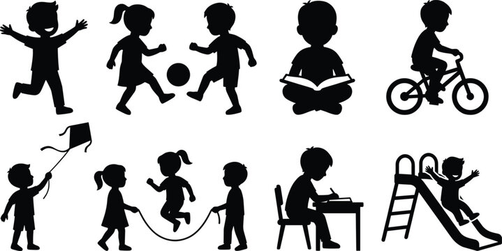 Vector Silhouette Set of Happy Children Playing, Studying, and Enjoying Outdoor Activities