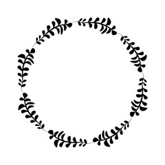 Fototapeta premium Hand drawn plants, dividers, wreaths, border frames. Circle floral frame with leaves on white background. Vector hand drawn illustration for wallpaper, posters, card. Copy space. Doodle style.