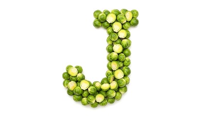 Brussels sprouts forming the letter j on white background