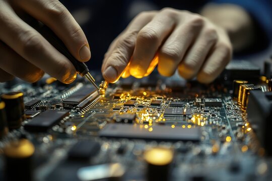 Expert technician repairs circuit board with precision tools in a dimly lit workshop - Powered by Adobe