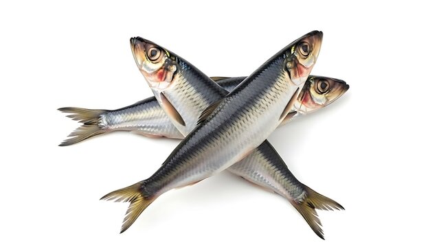 Fresh hilsa fish arranged in a cross pattern on white background, showcasing their shiny scales and delicate features