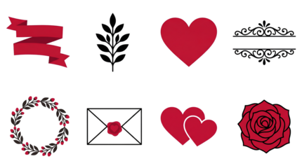Romantic set including heart, rose, letter, ribbon, and floral wreath isolated. Valentine day and wedding anniversary elements.