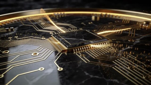 Gold circuit‑pattern etched into polished onyx, illuminated by soft rim lighting, creating a premium high‑tech finance mood with clean futuristic detail, no people.