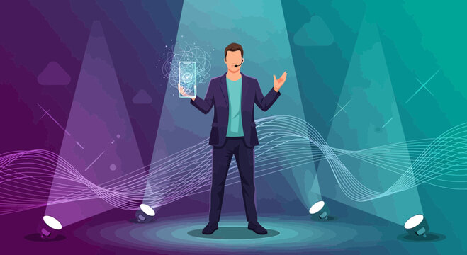 Dynamic presenter unveils innovative mobile technology solution amidst vibrant spotlights and