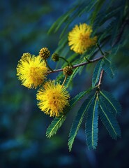 Three bright yellow fluffy flowers and green fern-like leaves on a branch in a dark forest yellow flower