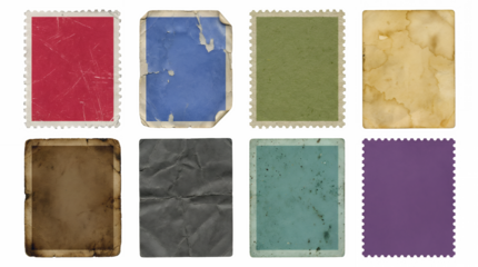 Vintage paper stamp and photo frame set including distressed, stained, torn, and weathered textures isolated. Antique scrapbooking and collage collection.