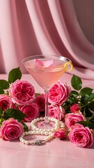 Elegant pink martini cocktail with roses and pearls on a luxurious background