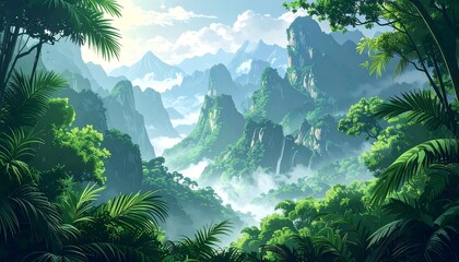 Lush panoramic view of a verdant, mountainous landscape with rich tropical foliage
