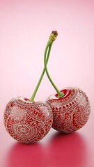 Beautifully decorated cherries with intricate designs on a pink background