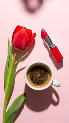 Coffee cup with red tulip and lipstick on pink background