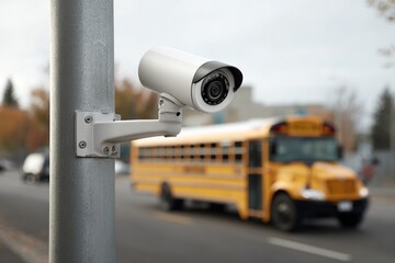 Security camera mounted on a pole monitors a yellow school bus driving on a street