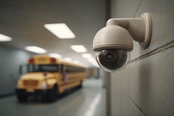 Security camera watches an empty school hallway with a yellow school bus in the background