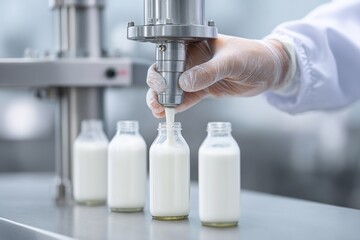 Scientist in protective gear filling glass bottles with milk using automated machine