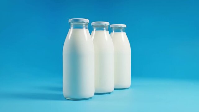 Three glass bottles of fresh cold milk with condensation droplets on a bright blue background.