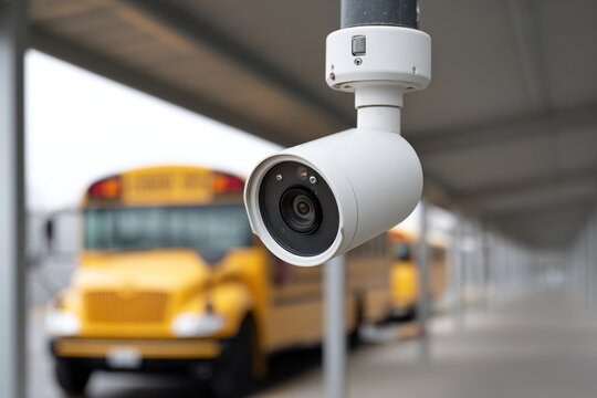 Security camera overlooks yellow school bus parked under a covered walkway