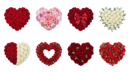 Flower heart set including red roses, pink peonies, white blooms, and ribbon bows isolated. Floral arrangements for Valentines day and wedding decor.
