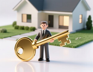 A real estate businessman model holds a golden key to a new country house.