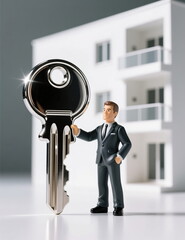 A model of a businessman realtor with an apartment key against the background of a new building