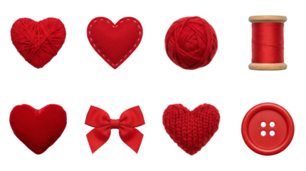 Red sewing and craft set including yarn hearts, ribbon bow, thread spool, and button isolated. Valentines Day and handmade hobby collection.