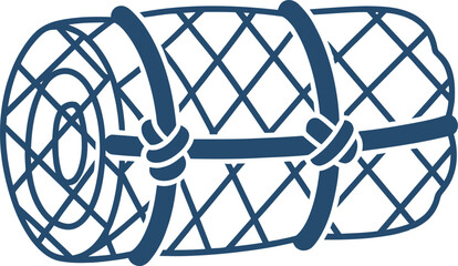 Blue cylindrical woven basket with crisscross pattern and tied knots on a white background