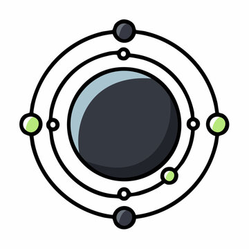 A stylized illustration of a central dark sphere with multiple concentric orbits and smaller spheres, resembling an atom or a miniature solar system.