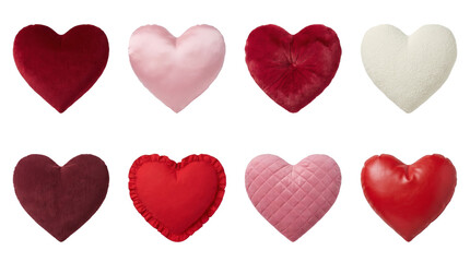 Heart pillow set including plush, satin, faux fur, boucle, corduroy, ruffled, quilted, and leather textures isolated. Valentine day and home decor accessory collection.