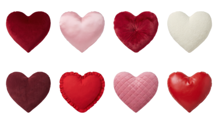 Heart pillow set including plush, satin, faux fur, boucle, corduroy, ruffled, quilted, and leather textures isolated. Valentine day and home decor accessory collection.